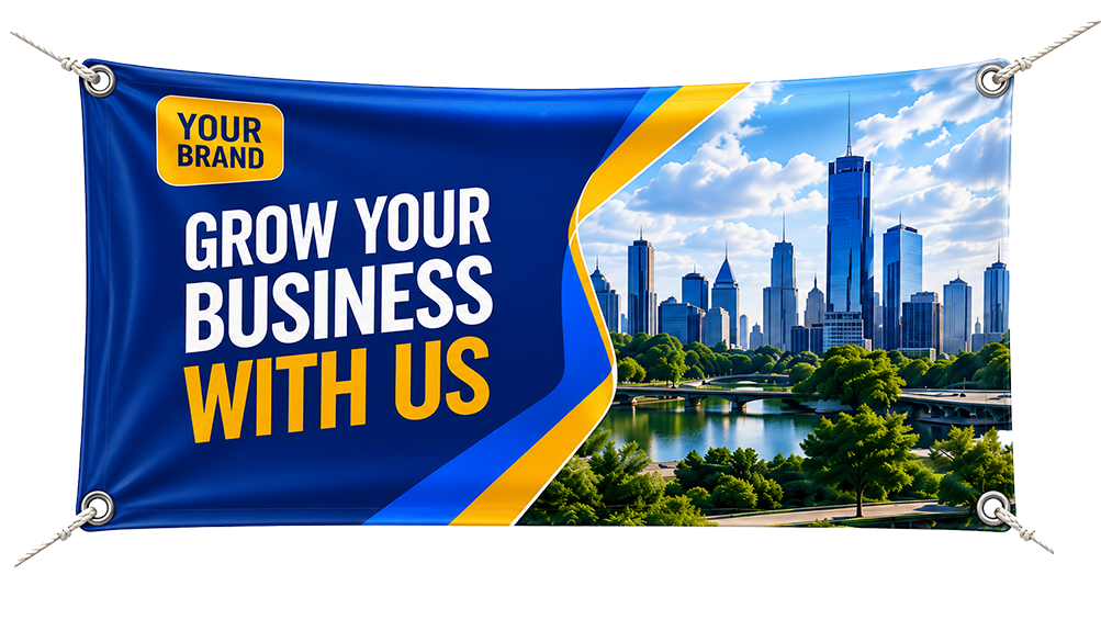 Custom printed PVC tarpaulin banner with eyelet holes and rope