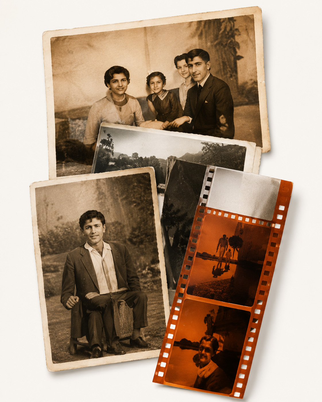 Old printed photographs and developed negative film